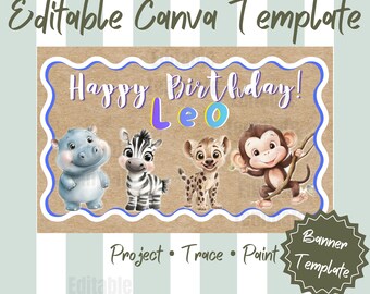 Safari Birthday Banner Template, Editable Jungle Animals Canva Sign, Personalized Birthday Poster, Baby Shower Party Decor, Printable Banner