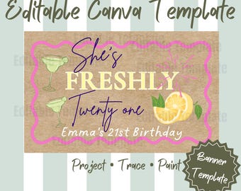 21st Birthday Banner Template Editable in Canva, Personalized Twenty One Birthday Sign, Pink Lemon Cocktail Party Decor, Printable 21st