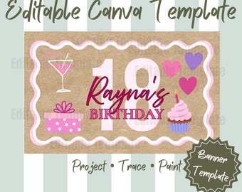 Editable 18th Birthday Banner Template, Personalized Birthday Banner Canva Template, Pink Coquette Birthday Party Decor, 18th Birthday Sign
