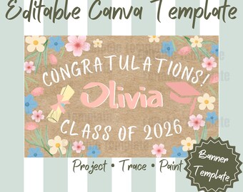 Editable Graduation Canva Template for Girls, Class of 2026 Banner, Senior Party Welcome Sign, Printable Decoration, DIY Grad Poster