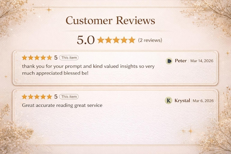 May include: A light beige background with the text "Customer Reviews" and a 5-star rating. Two customer reviews are displayed, each with a 5-star rating and a short comment. The reviews are dated March 6 and March 14, 2026.