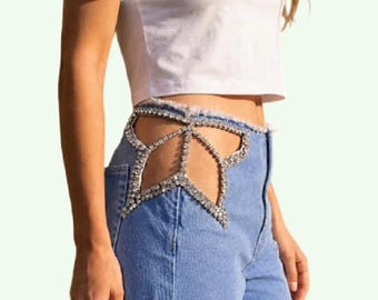 Women's Crystal Cut-Out Wide Leg Jeans | Handmade Rhinestone Denim Pants |Y2K Palazzo Jeans