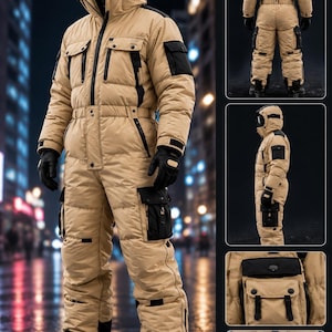 Puede incluir: Un traje de nieve aislado de color beige con detalles en negro, capucha, múltiples bolsillos utilitarios con solapa y cierre de cremallera frontal. La prenda incluye guantes negros y botas oscuras, mostrados en vistas frontal, trasera, lateral y de detalle.