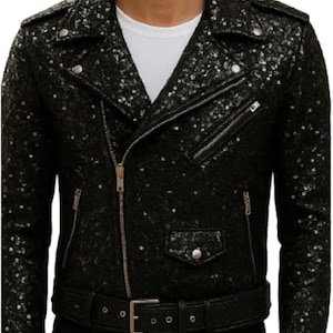 Men's Black Sequin Moto Jacket, Handmade Sparkly Biker Coat, Luxury Party Wear Jacket