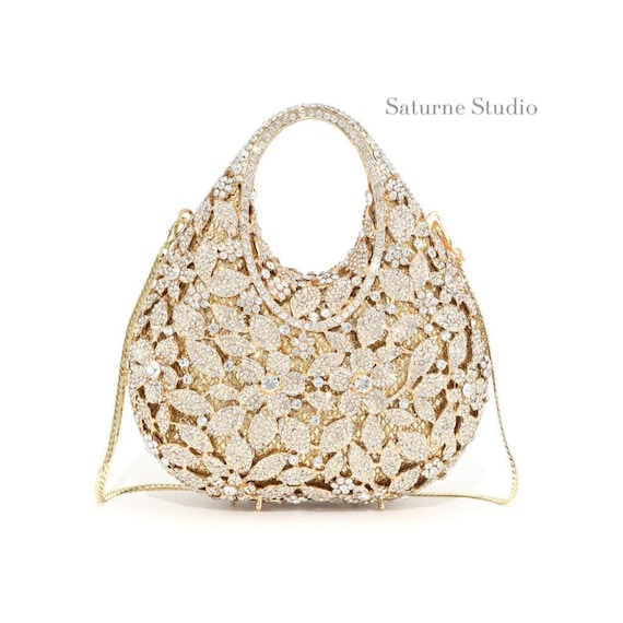 Floral Gold Rhinestone Clutch Bag, Bridal Top Handle Evening Purse Wedding Guest