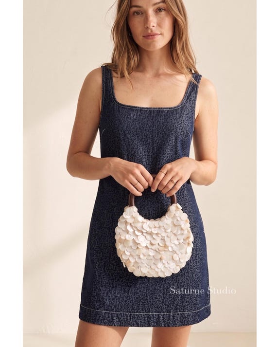 Mother of Pearl Summer Hobo Bag with Wooden Handles - Handmade Shell Everyday Bag