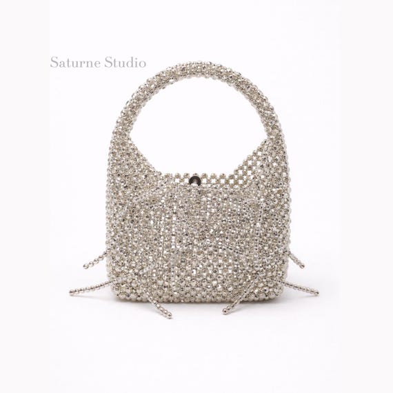 Silver Beaded Shoulder Bag with Bow Accents – Evening Party Accessory