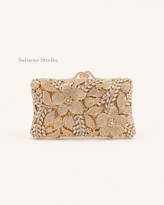 Rhinestone Bridal Clutch Bag Wedding Guest Clutch Crystal Floral Gold