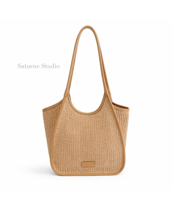 Woven Tote Bag with Leather Handles, Summer Beach Holiday Carryall