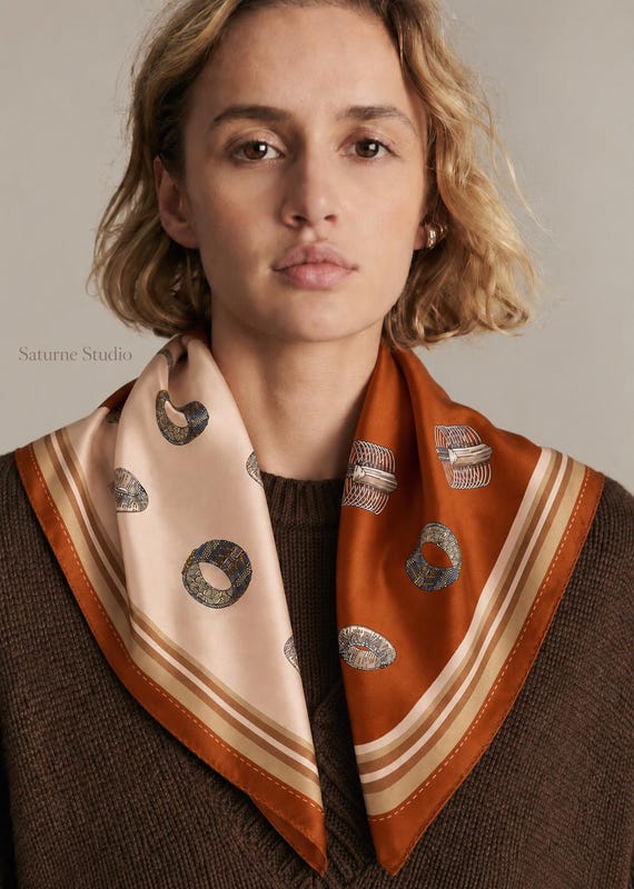 Square Silk Scarf, Vintage Inspired Square Silk Scarf, Rust Orange & Cream Printed Neck Scarf, Women’s Silk Hair Scarf