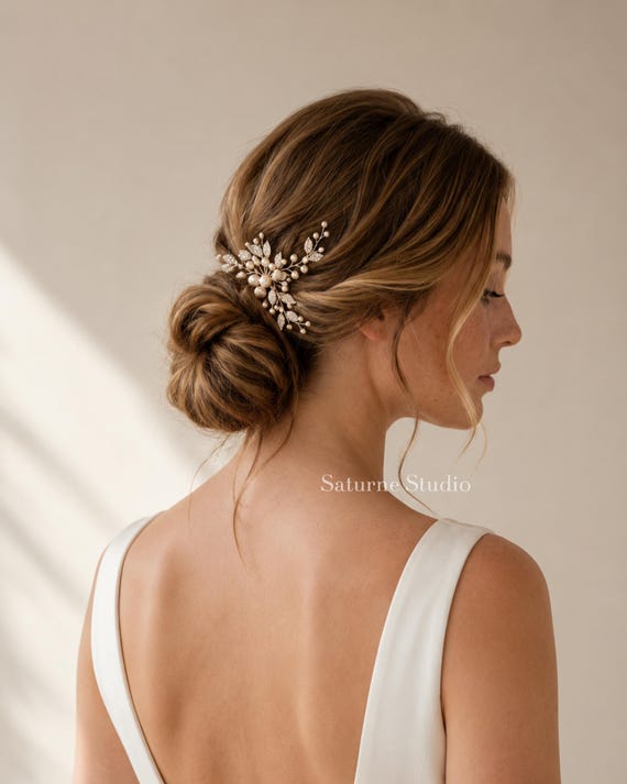 Pearl Bridal Hair Pin, Silver Leaf Wedding Hair Accessory, Bridal Updo Pin, Wedding Hair Vine