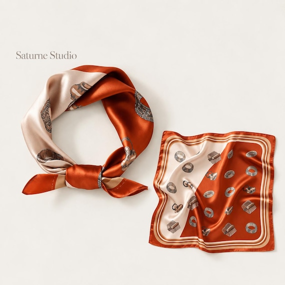 Square Silk Scarf, Vintage Inspired Square Silk Scarf, Rust Orange & Cream Printed Neck Scarf, Women’s Silk Hair Scarf