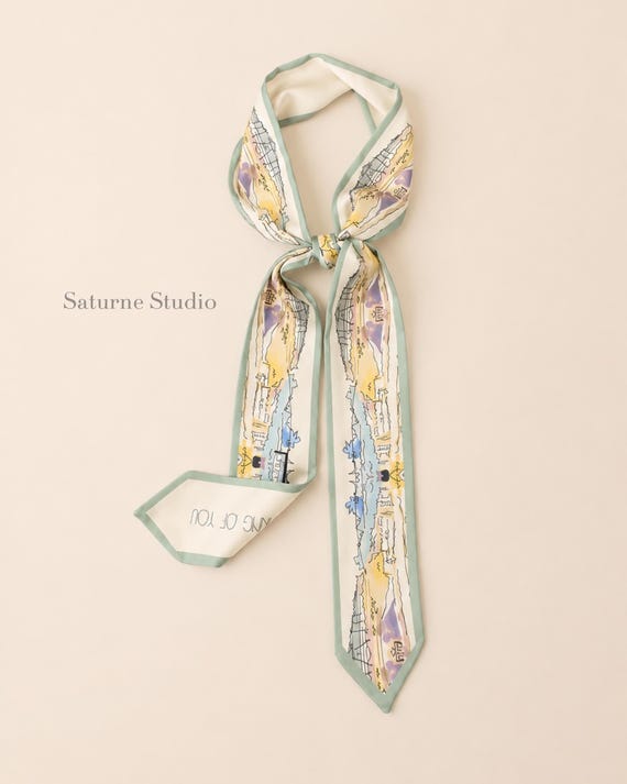 Floral Bag Scarf, Satin Hair Ribbon, Illustrated Skinny Scarf, Daisy Print Bag Scarf, Hair Tie, French Garden Neck Scarf