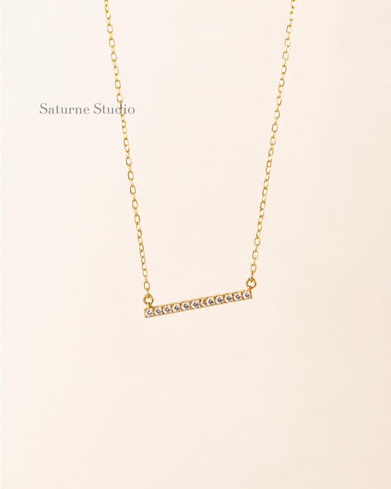 Minimalist Gold Bar Necklace, Sterling Silver CZ Bar Necklace, Dainty Collarbone Necklace, Layering Necklace, Gift for Her