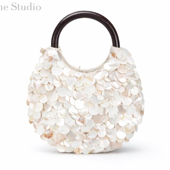 Mother of Pearl Summer Hobo Bag with Wooden Handles - Handmade Shell Everyday Bag