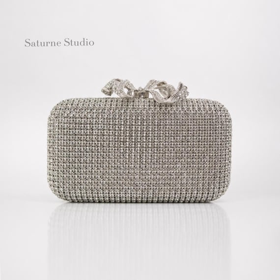 Silver Rhinestone Bridal Bow Clasp Clutch Bag, Wedding Guest Evening Purse with Chain