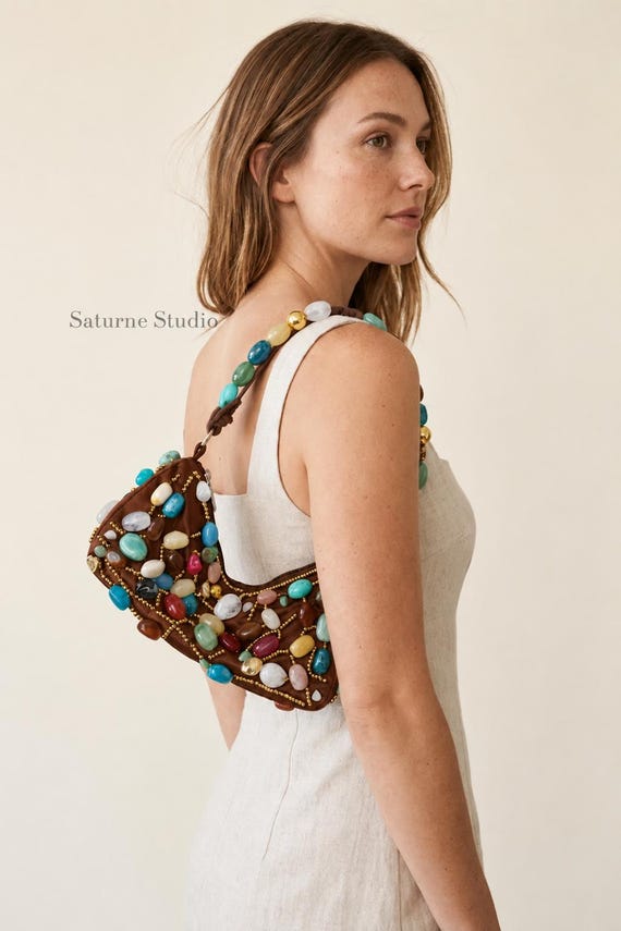 Colorful Gemstone-Style Beaded Shoulder Bag Satin Purse Baguette Bag