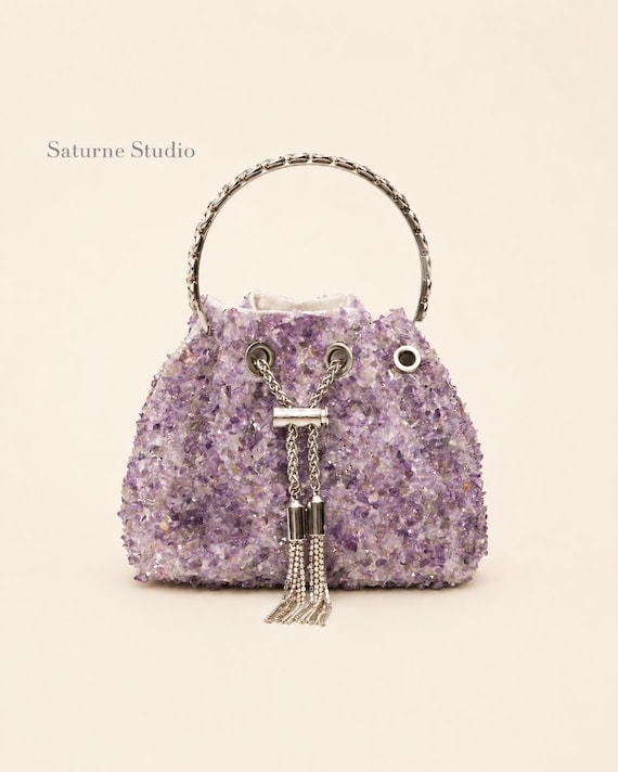 Lilac Stone Covered Bucket Bag Silver Tassel Evening Purse Statement Handbag
