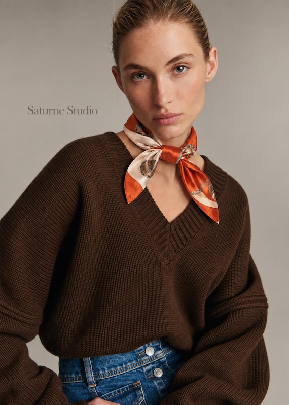 Square Silk Scarf, Vintage Inspired Square Silk Scarf, Rust Orange & Cream Printed Neck Scarf, Women’s Silk Hair Scarf