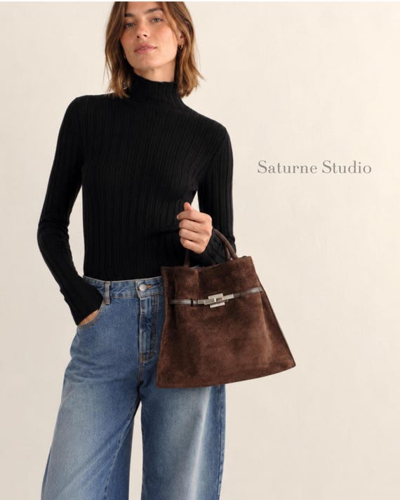 Brown Suede Tote Bag, Genuine Leather Top Handle Bag, Suede Shoulder Bag, Minimalist Leather Crossbody Bag
