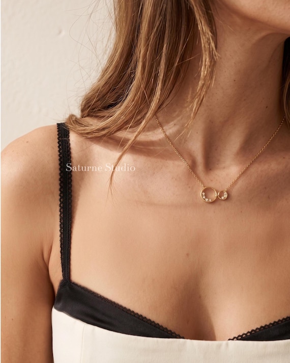 Dainty Linked Circles Necklace, 18K Gold Plated Sterling Silver CZ Pendant, Minimalist Gold Necklace, Everyday Jewelry, Gift for Her