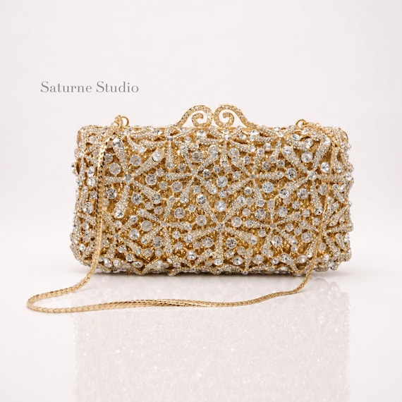 Gold Rhinestone Bridal Clutch Bag, Wedding Guest Evening Purse with Chain