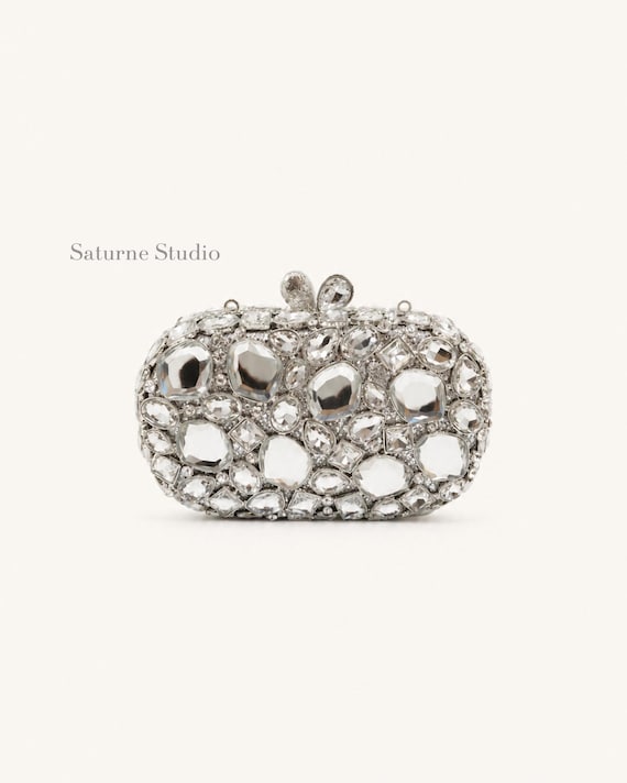 Crystal Bridal Clutch Bag Wedding Guest Clutch Silver Mirror Purse