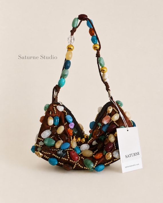Colorful Gemstone-Style Beaded Shoulder Bag Satin Purse Baguette Bag