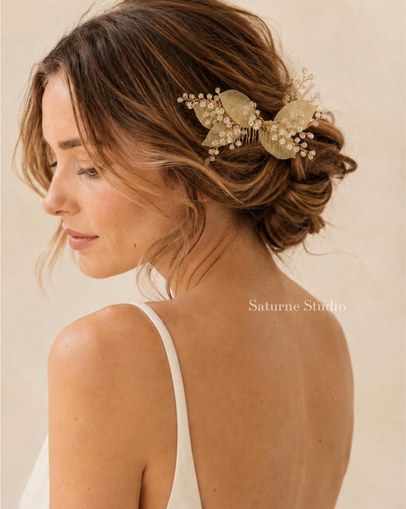 Gold  Leaf Bridal Hair Comb, Crystal Bridal Headpiece, Wedding Hair Accessory