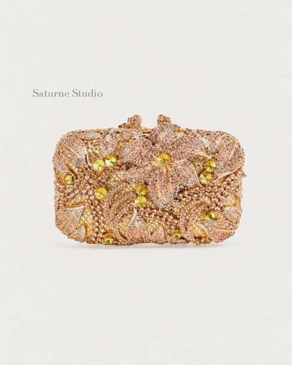 Rosegold Floral Rhinestone Bridal Clutch Bag, Wedding Guest Evening Purse with Chain