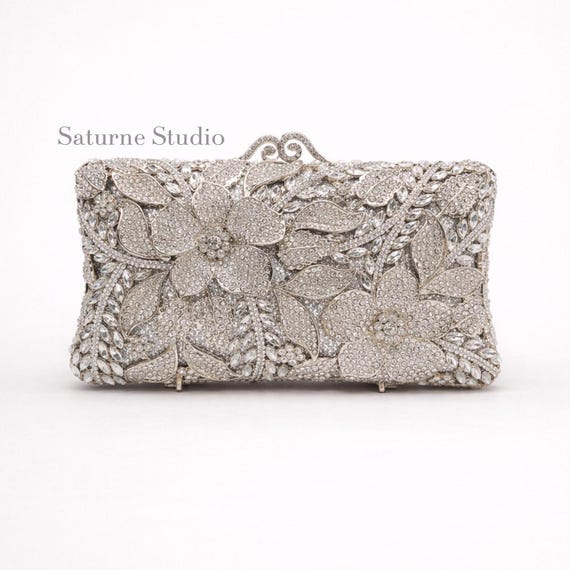 Rhinestone Bridal Clutch Bag Wedding Guest Clutch Crystal Floral Silver