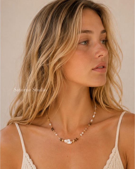 Baroque Freshwater Pearl Necklace, Summer Gold Necklace, Handmade Pearl Jewelry, Gift for Her