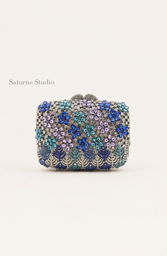 Blue Crystal Floral Evening Clutch Purse, Rhinestone Bridal Clutch Bag Wedding Guest Clutch, Silver Bridal Clutch