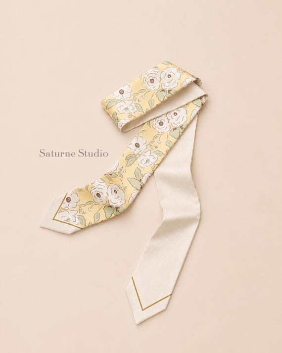 Floral Bag Scarf, Satin Hair Ribbon, Illustrated Skinny Scarf, Daisy Print Bag Scarf, Hair Tie, French Garden Neck Scarf