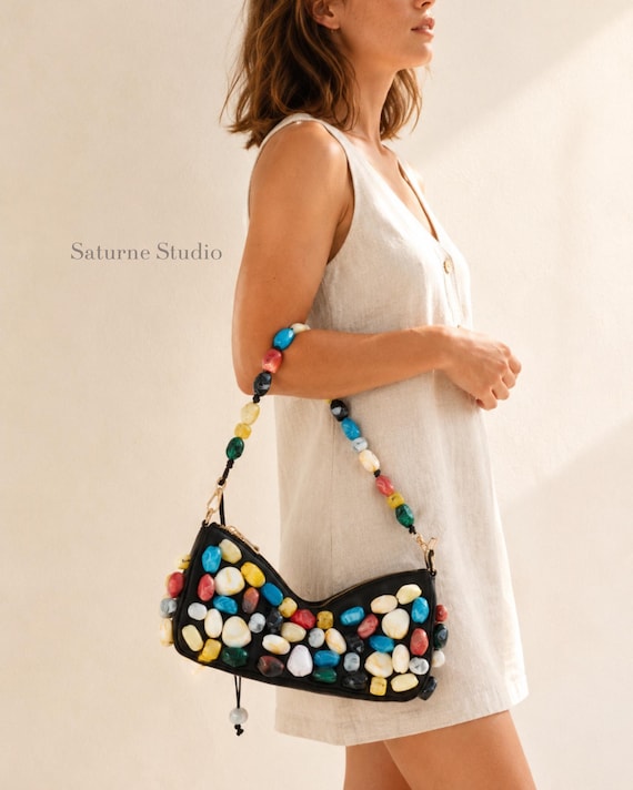 Colorful Gemstone-Style Beaded Shoulder Bag Vegan Leather Purse Baguette Bag