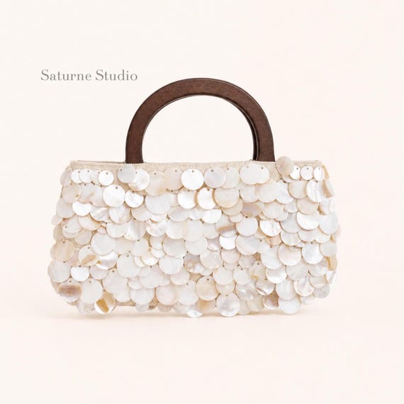 Mother of Pearl Summer Bag with Wooden Handle - Handmade Shell Everyday Bag, Shell Bag