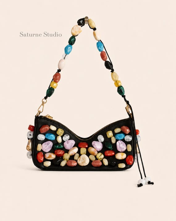 Colorful Gemstone-Style Beaded Shoulder Bag Vegan Leather Purse Baguette Bag