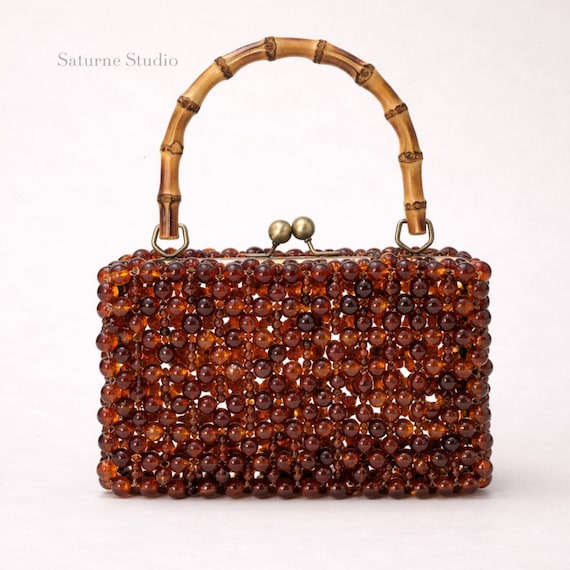 Bamboo handle bag kiss lock bag vintage beaded purse amber beads