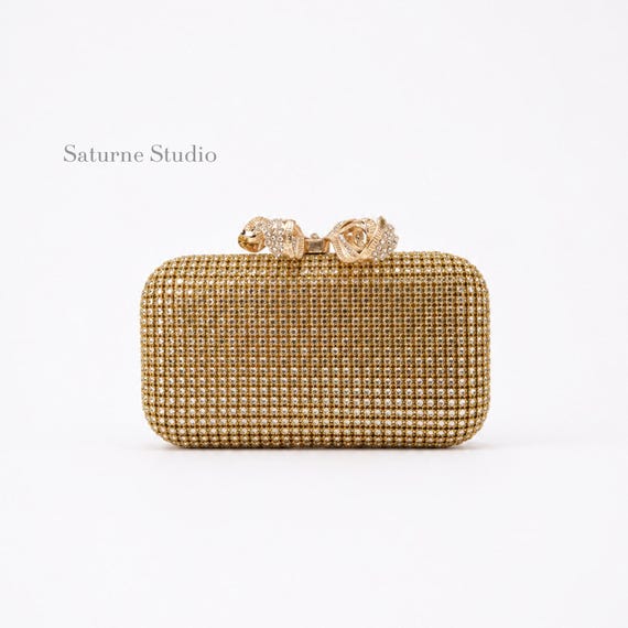 Gold  Rhinestone Bridal Bow Clasp Clutch Bag, Wedding Guest Evening Purse with Chain