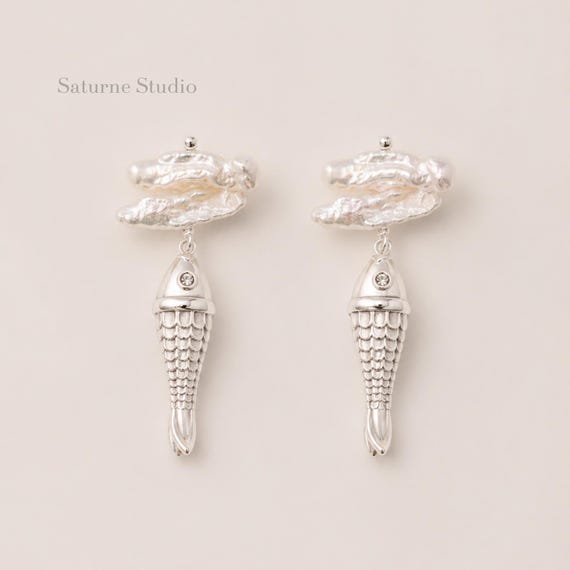 Koi Baroque Pearl Earrings Stering Silver Drop Earrings Gift for Her