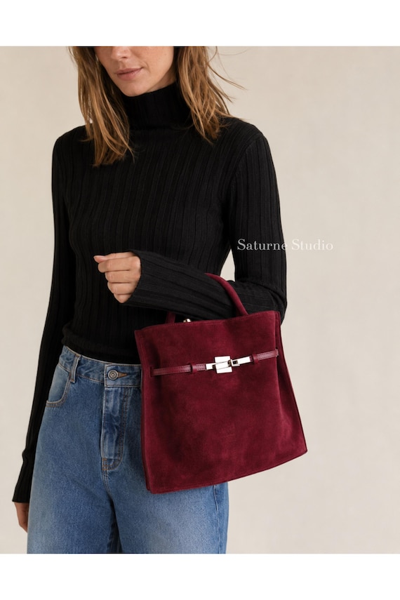 Burgandy Suede Tote Bag, Genuine Leather Top Handle Bag, Suede Shoulder Bag, Minimalist Leather Crossbody Bag
