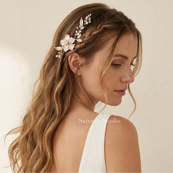 Pearl Floral Bridal Hair Clip, Champagne Flower Bridal Headpiece, Pearl Wedding Hair Accessory