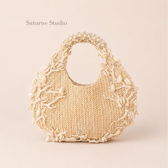 Coastal Raffia Hobo Bag, Handmade Everyday Bag, Straw Handbag, Faux Shell & Coral Embellished Bag, Pearl Beaded Purse, Beach Handbag