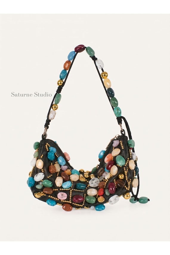 Colorful Gemstone-Style Beaded Shoulder Bag Satin Purse Baguette Bag, Black