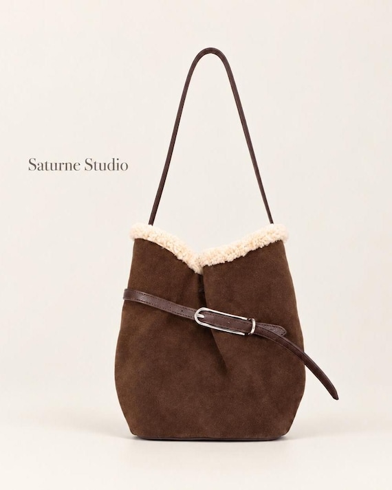 Brown Suede Belted Bucket Bag, Genuine Leather Shoulder Bag, Shearling Trim Bag, Mocha Suede Handbag