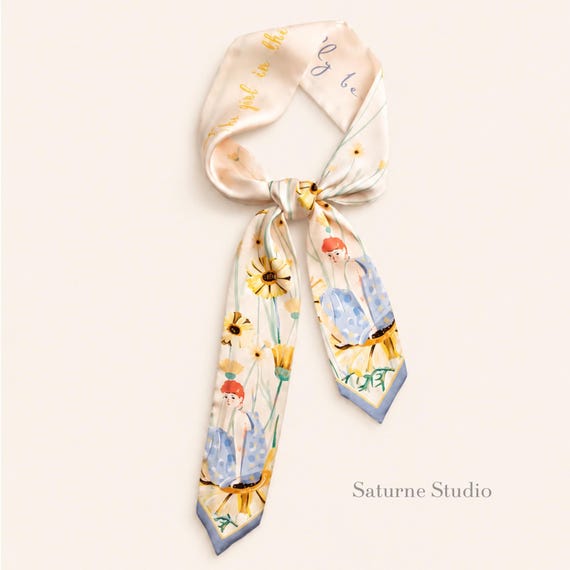 Floral Bag Scarf, Satin Hair Ribbon, Illustrated Skinny Scarf, Daisy Print Bag Scarf, Hair Tie, French Garden Neck Scarf