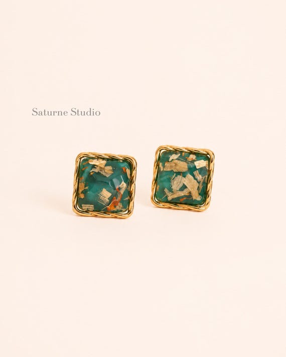 Green Resin Square Stud Earrings, Gold Vintage Statement Earrings, Marble Resin Studs, Retro Geometric Earrings, Gift for Her