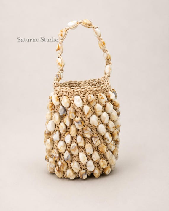 Beige Stone Covered Mini Summer Bag Raffia Style Tote Bag