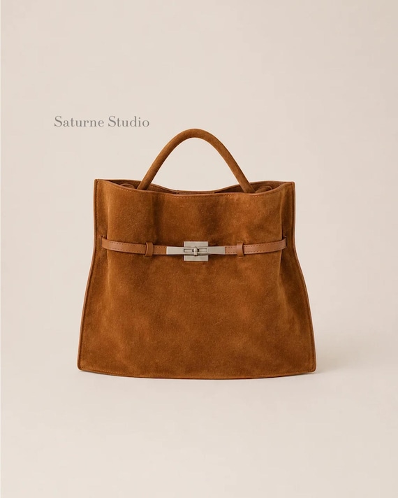 Caramel Suede Tote Bag, Genuine Leather Top Handle Bag, Suede Shoulder Bag, Minimalist Leather Crossbody Bag