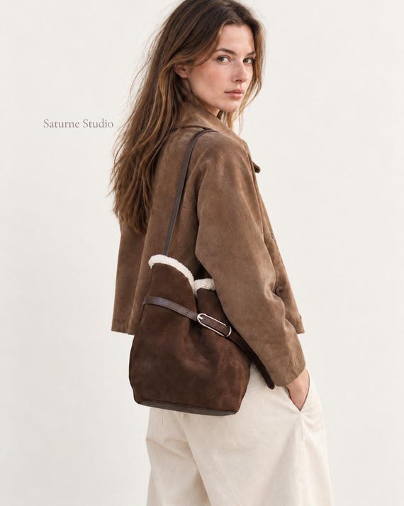 Brown Suede Belted Bucket Bag, Genuine Leather Shoulder Bag, Shearling Trim Bag, Mocha Suede Handbag